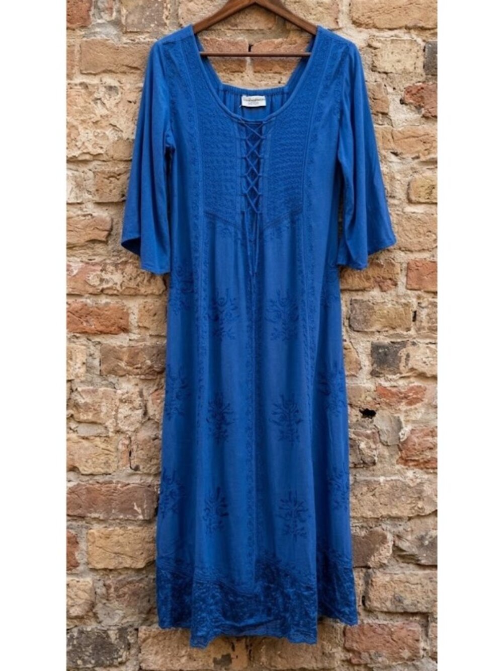 Holy Clothing New XL 1X Maxi Dress Blue Embroidered Lace Up Ren Faire Fit Flare